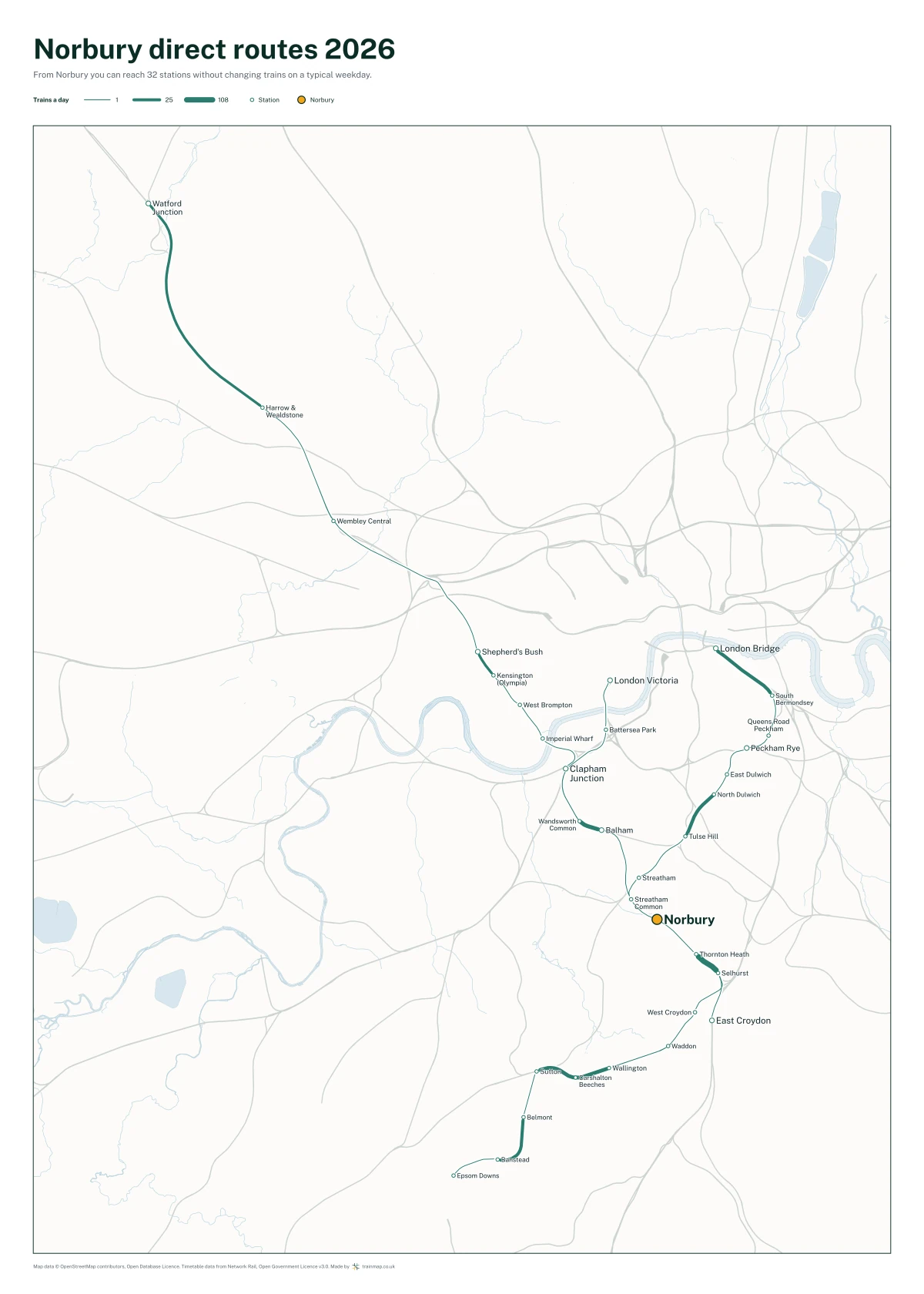 Norbury direct routes 2026: a map of every station you can reach from Norbury without changing trains, the lines thicker where more trains run