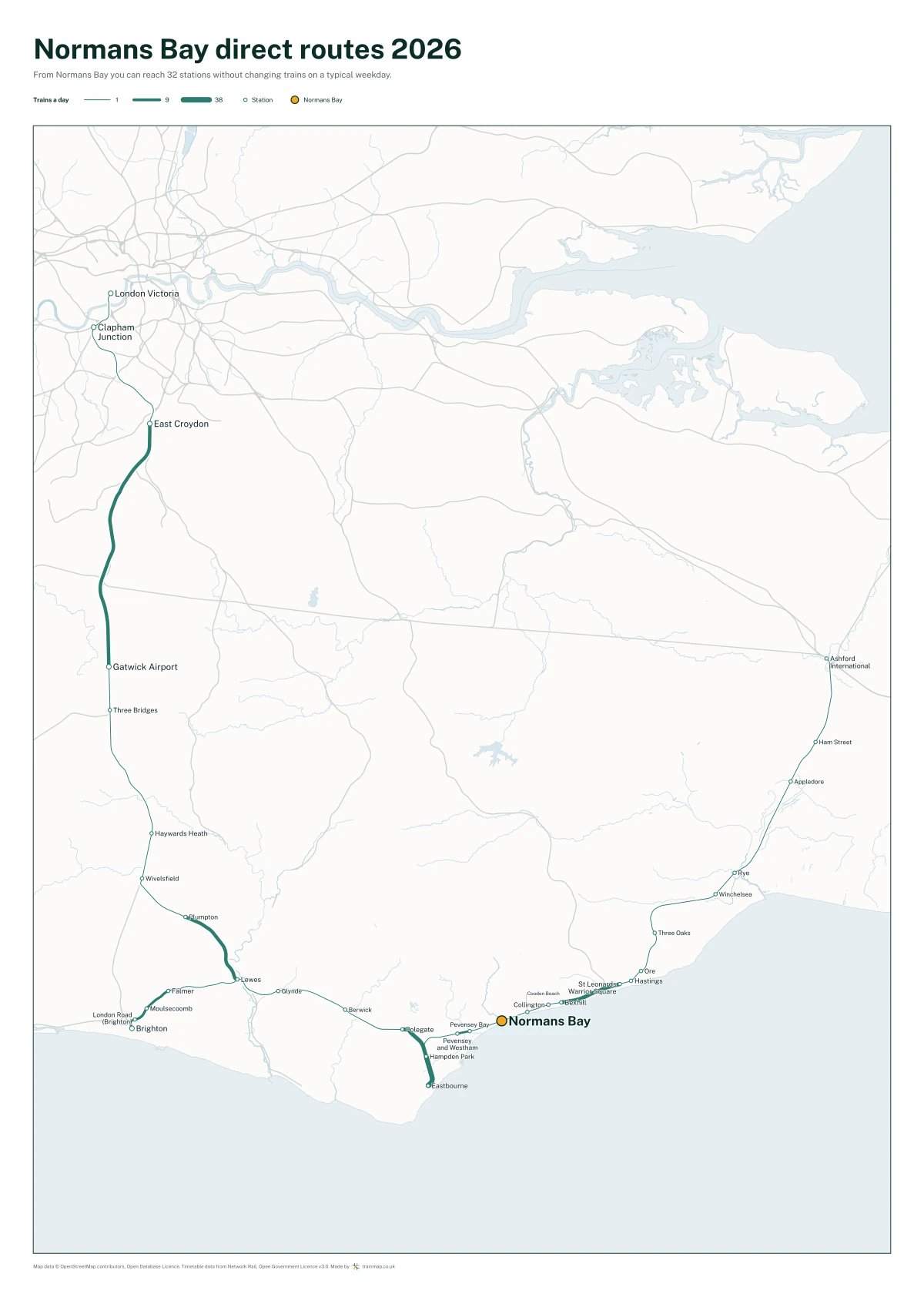 Normans Bay direct routes 2026: a map of every station you can reach from Normans Bay without changing trains, the lines thicker where more trains run