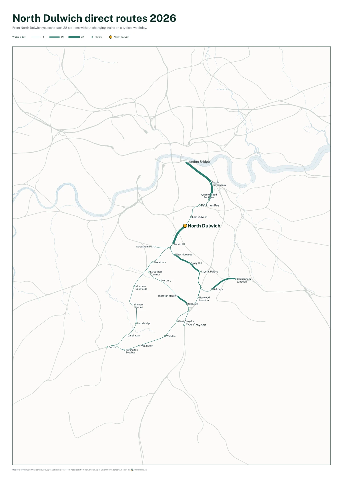 North Dulwich direct routes 2026: a map of every station you can reach from North Dulwich without changing trains, the lines thicker where more trains run