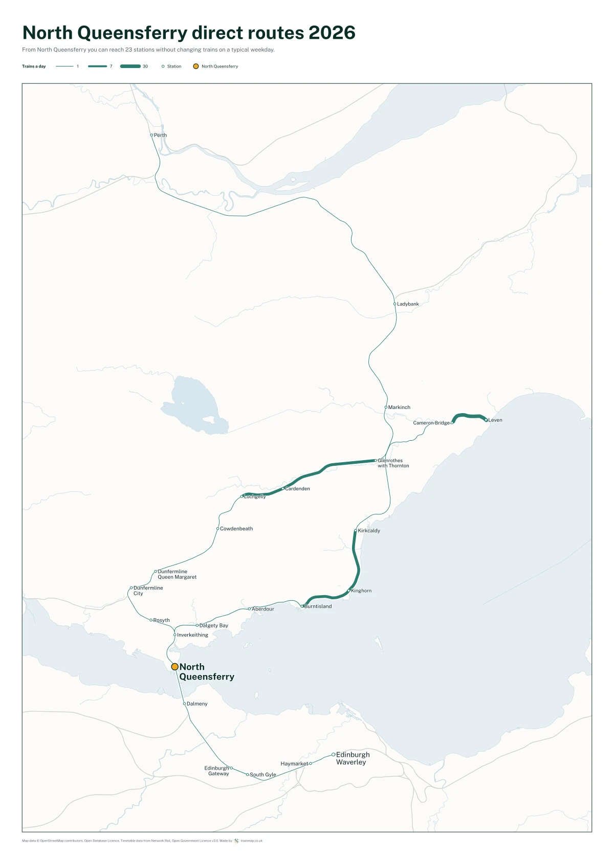 North Queensferry direct routes 2026: a map of every station you can reach from North Queensferry without changing trains, the lines thicker where more trains run