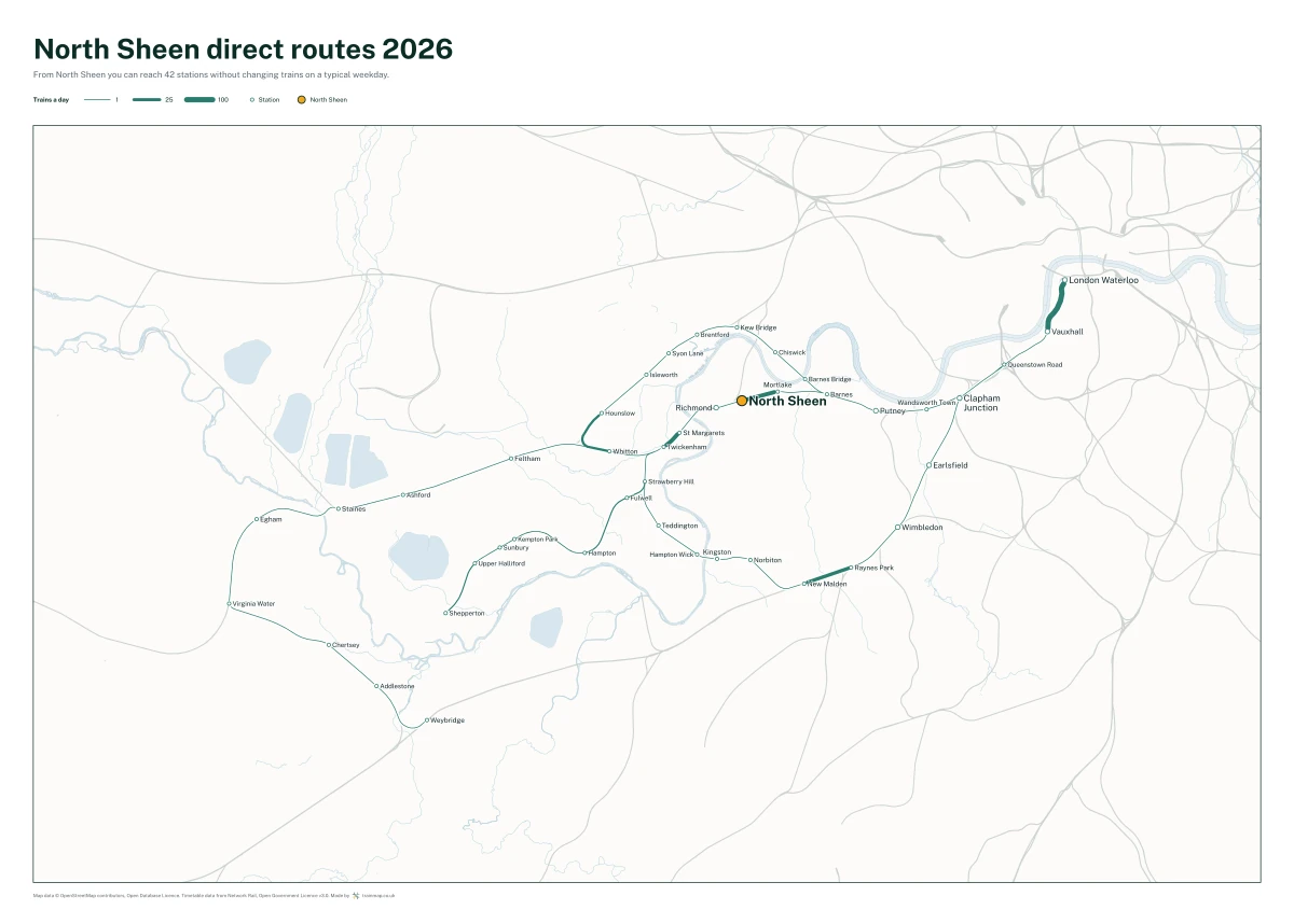 North Sheen direct routes 2026: a map of every station you can reach from North Sheen without changing trains, the lines thicker where more trains run