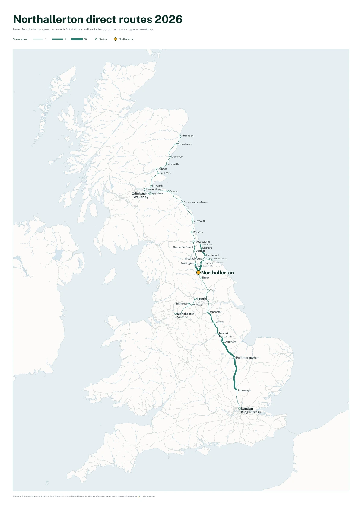 Northallerton direct routes 2026: a map of every station you can reach from Northallerton without changing trains, the lines thicker where more trains run