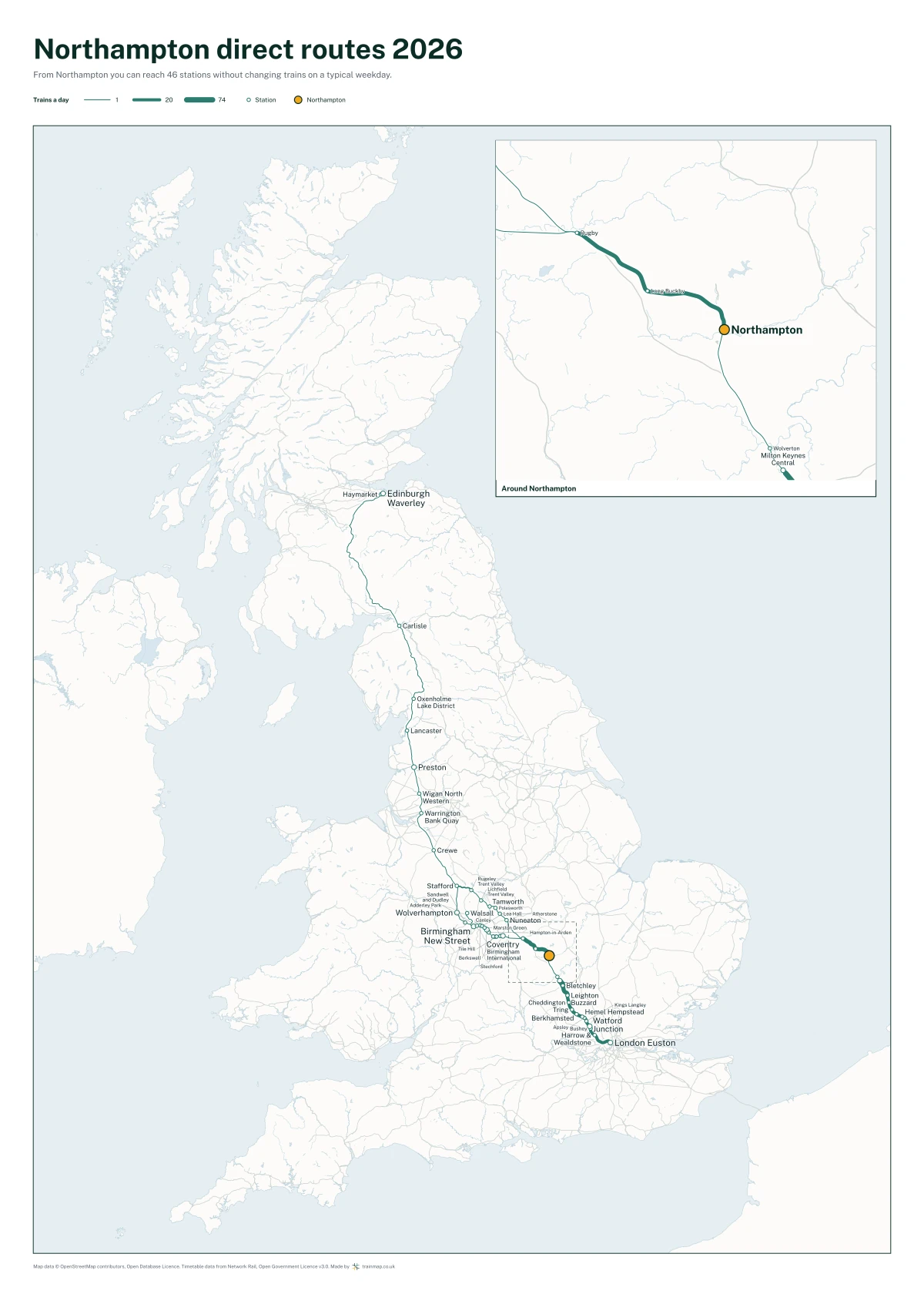 Northampton direct routes 2026: a map of every station you can reach from Northampton without changing trains, the lines thicker where more trains run