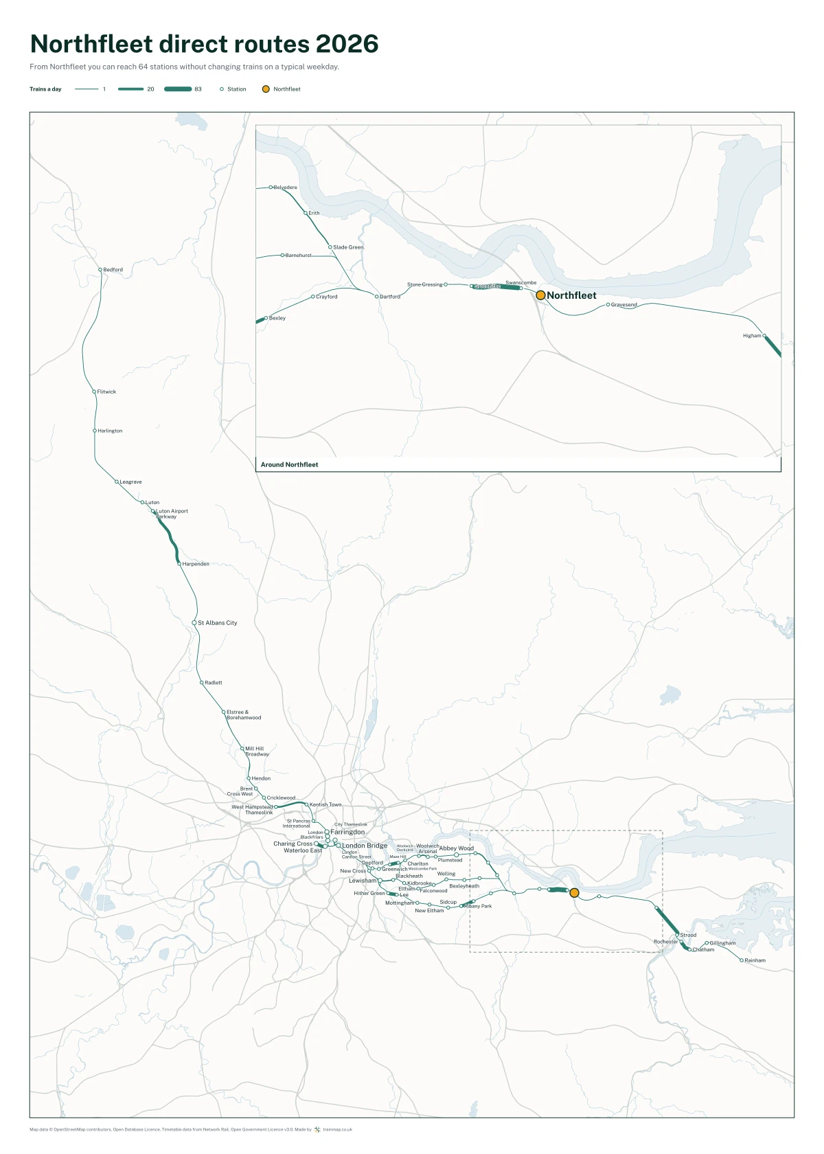 Northfleet direct routes 2026: a map of every station you can reach from Northfleet without changing trains, the lines thicker where more trains run
