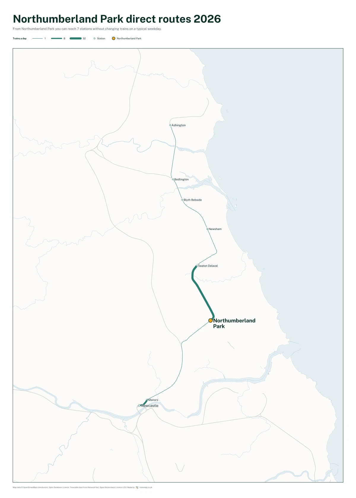 Northumberland Park (Tyne and Wear) direct routes 2026: a map of every station you can reach from Northumberland Park (Tyne and Wear) without changing trains, the lines thicker where more trains run