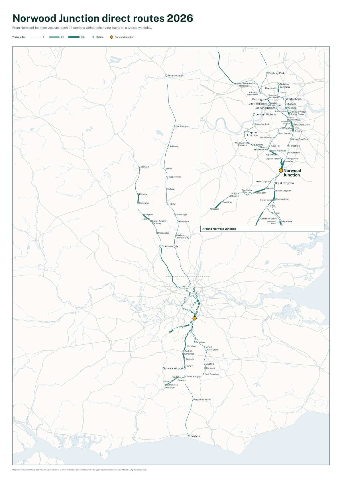 Norwood Junction direct routes 2026: a map of every station you can reach from Norwood Junction without changing trains, the lines thicker where more trains run