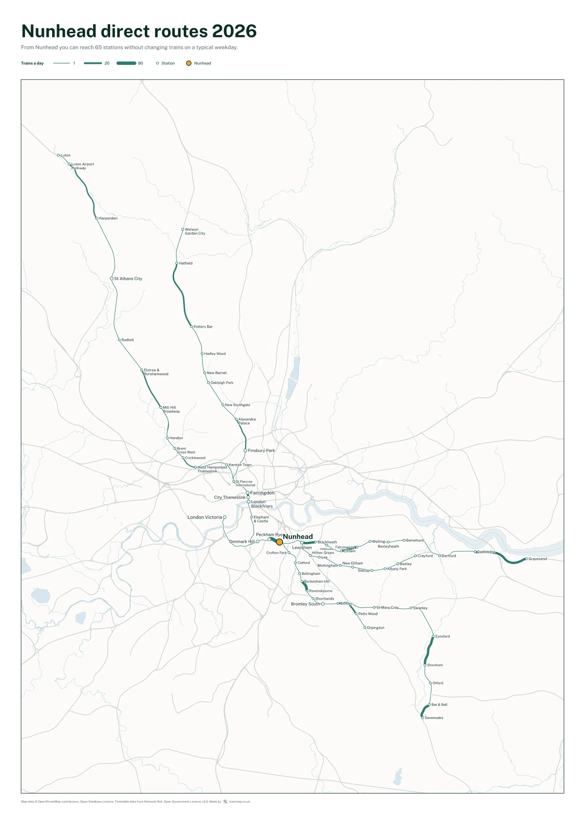 Nunhead direct routes 2026: a map of every station you can reach from Nunhead without changing trains, the lines thicker where more trains run
