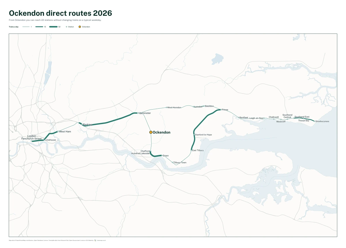 Ockendon direct routes 2026: a map of every station you can reach from Ockendon without changing trains, the lines thicker where more trains run