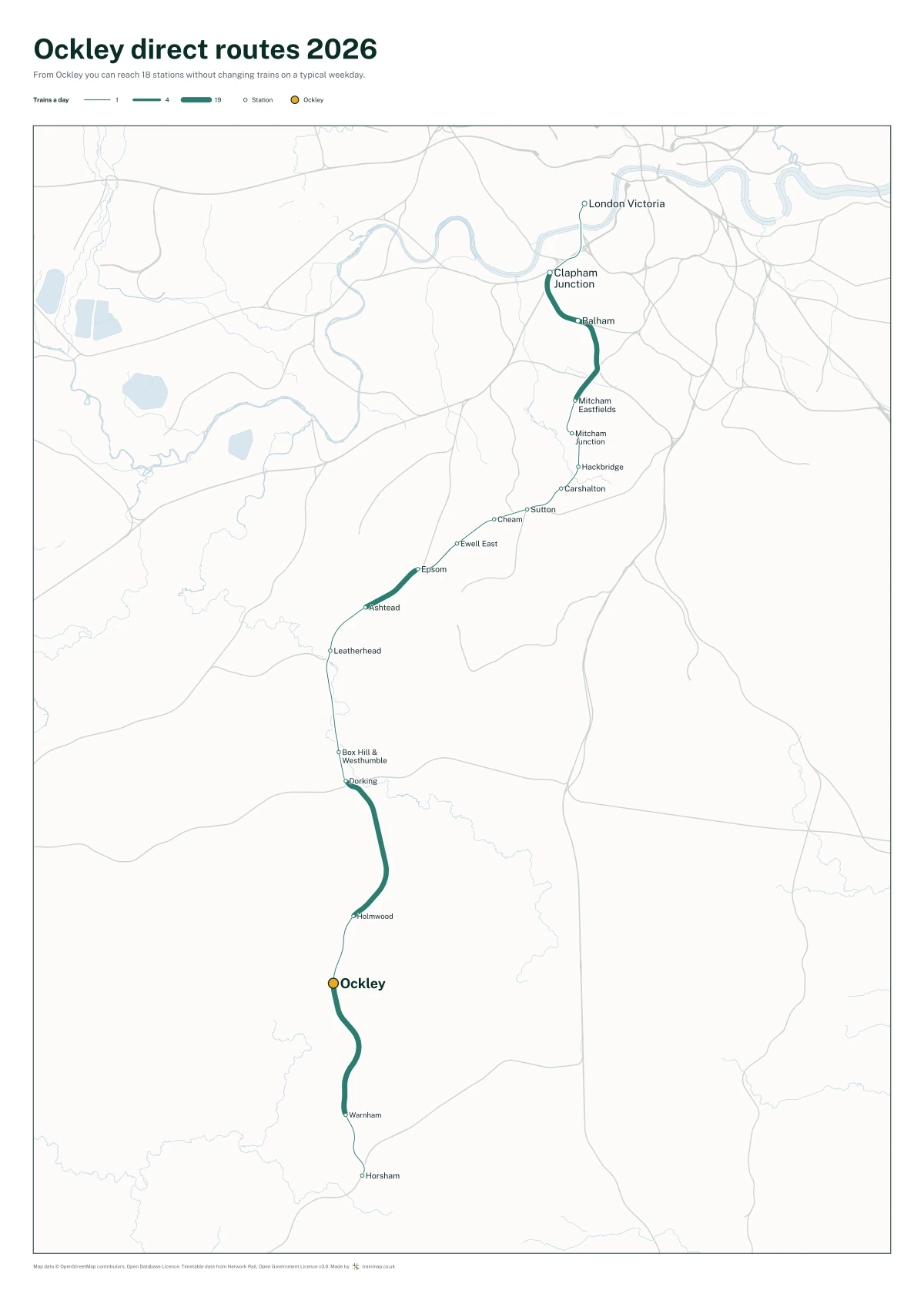 Ockley direct routes 2026: a map of every station you can reach from Ockley without changing trains, the lines thicker where more trains run
