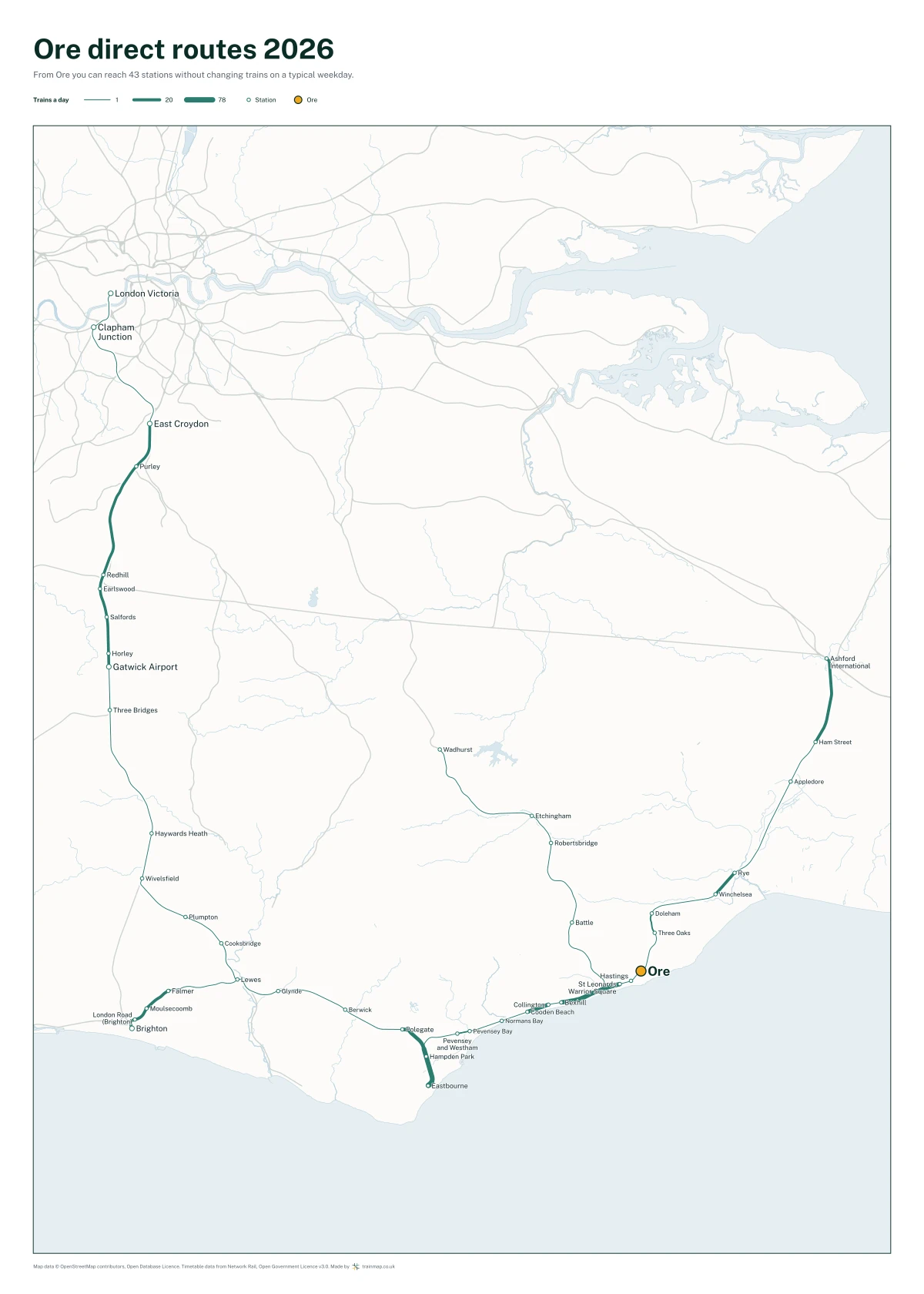 Ore direct routes 2026: a map of every station you can reach from Ore without changing trains, the lines thicker where more trains run