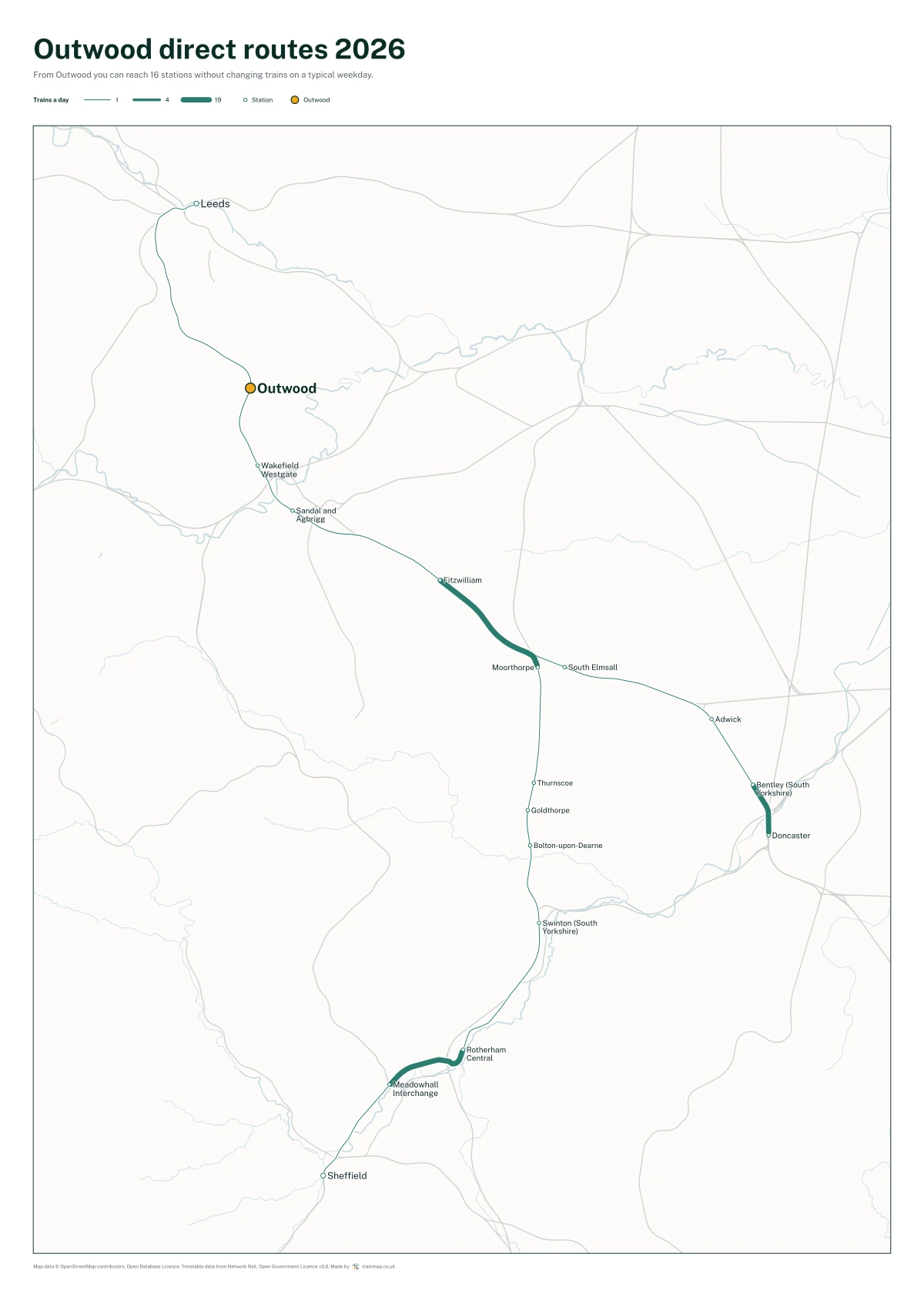 Outwood direct routes 2026: a map of every station you can reach from Outwood without changing trains, the lines thicker where more trains run