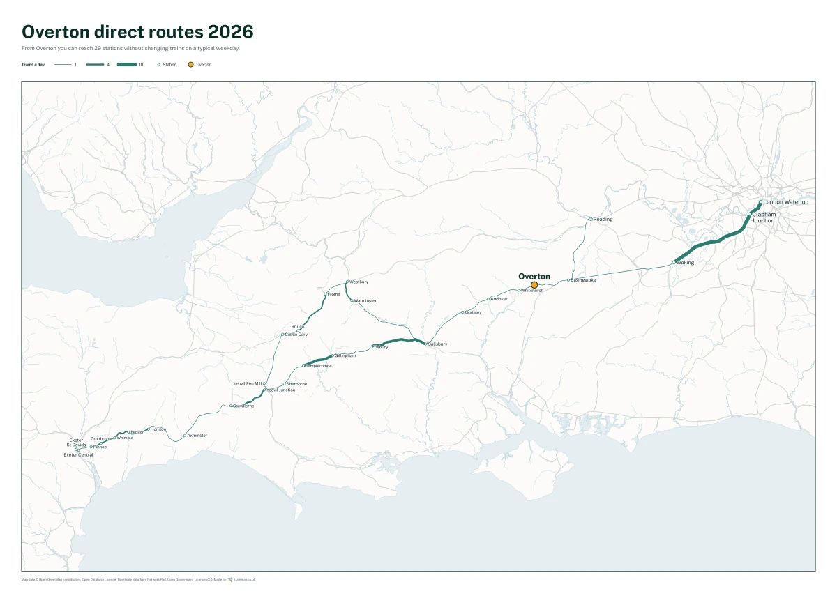 Overton direct routes 2026: a map of every station you can reach from Overton without changing trains, the lines thicker where more trains run