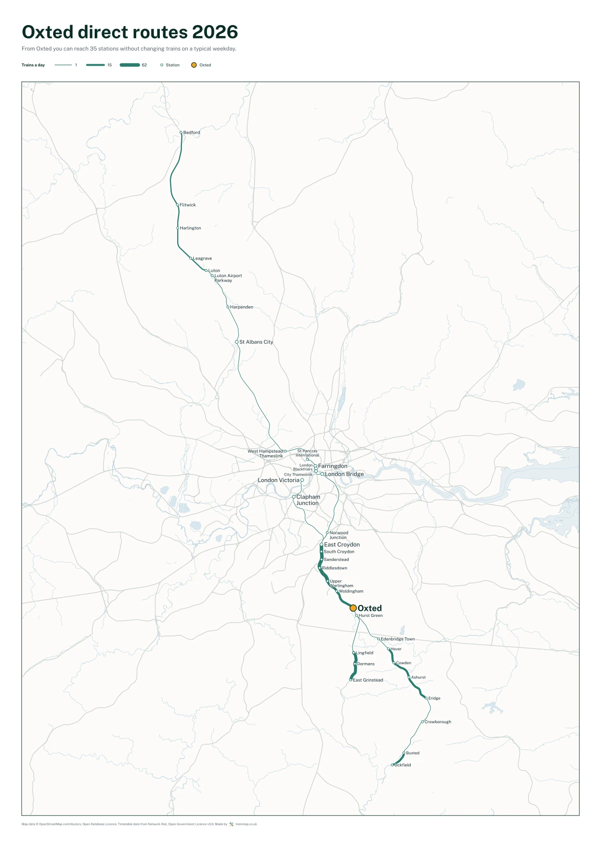 Oxted direct routes 2026: a map of every station you can reach from Oxted without changing trains, the lines thicker where more trains run