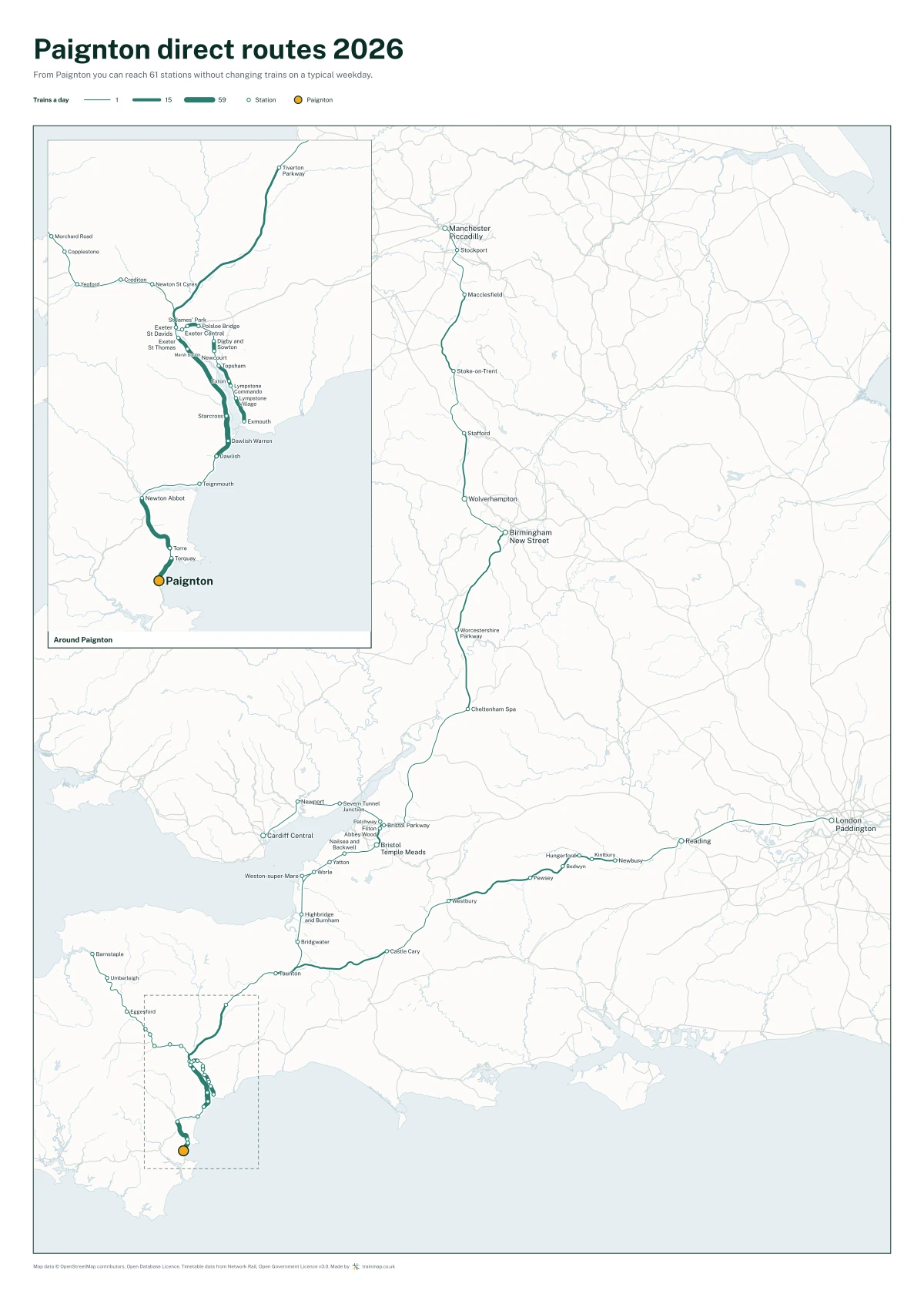 Paignton direct routes 2026: a map of every station you can reach from Paignton without changing trains, the lines thicker where more trains run