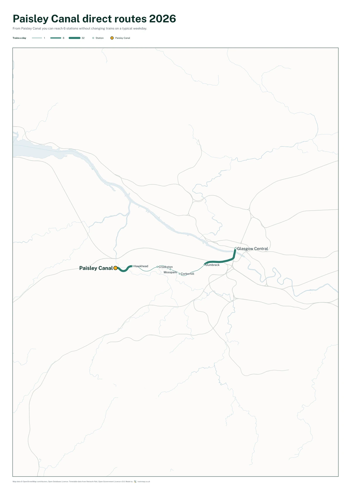 Paisley Canal direct routes 2026: a map of every station you can reach from Paisley Canal without changing trains, the lines thicker where more trains run