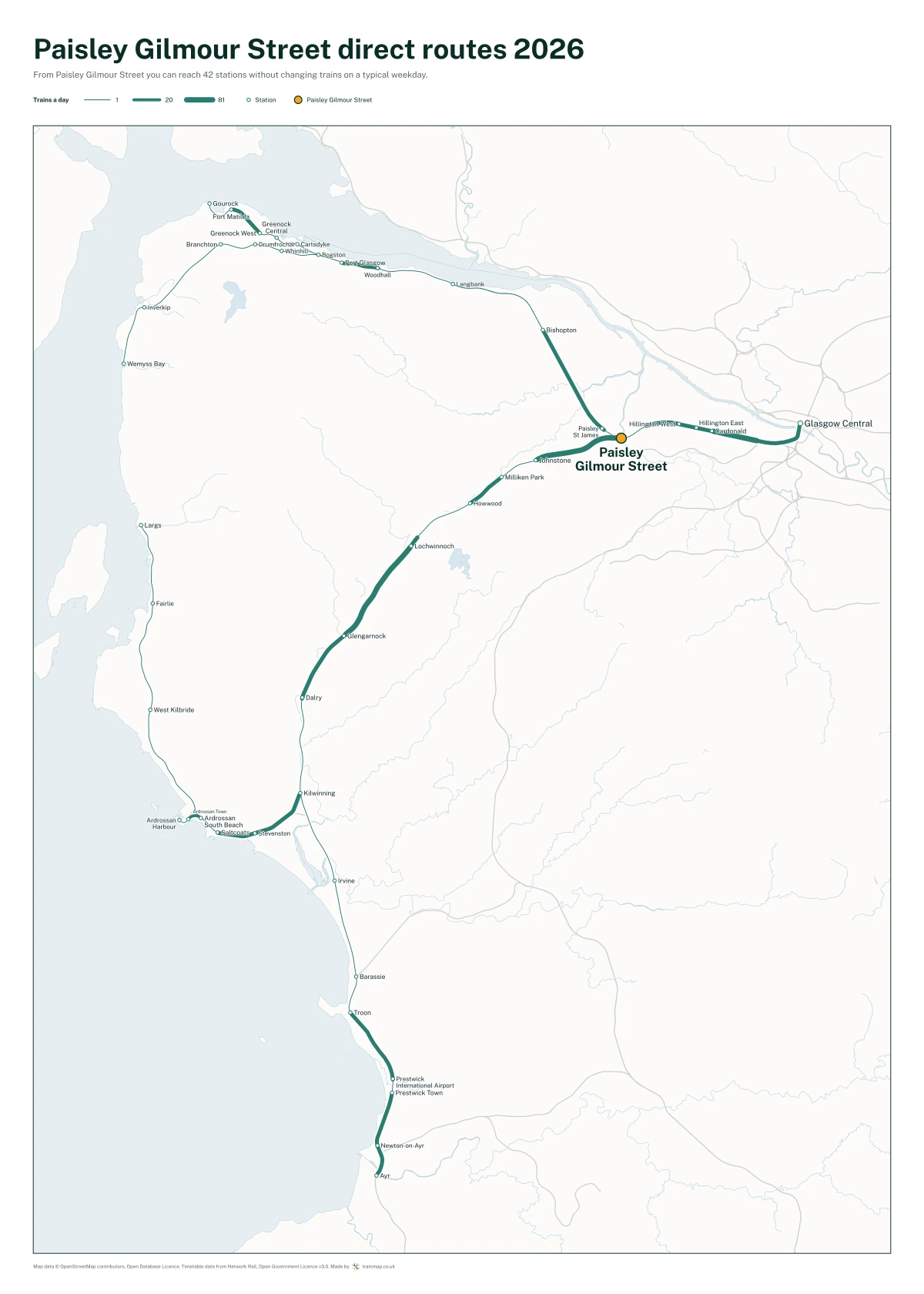 Paisley Gilmour Street direct routes 2026: a map of every station you can reach from Paisley Gilmour Street without changing trains, the lines thicker where more trains run