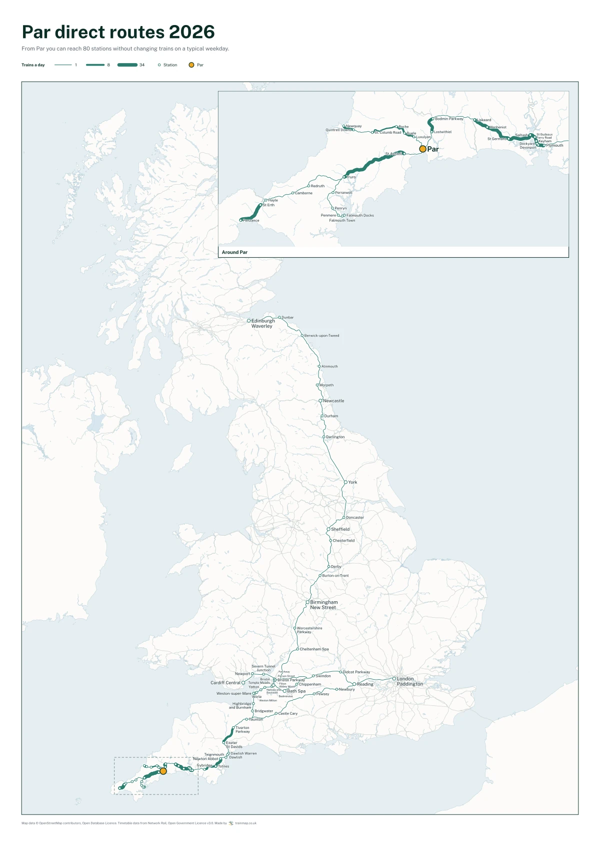 Par direct routes 2026: a map of every station you can reach from Par without changing trains, the lines thicker where more trains run