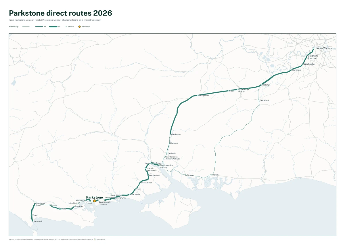 Parkstone direct routes 2026: a map of every station you can reach from Parkstone without changing trains, the lines thicker where more trains run