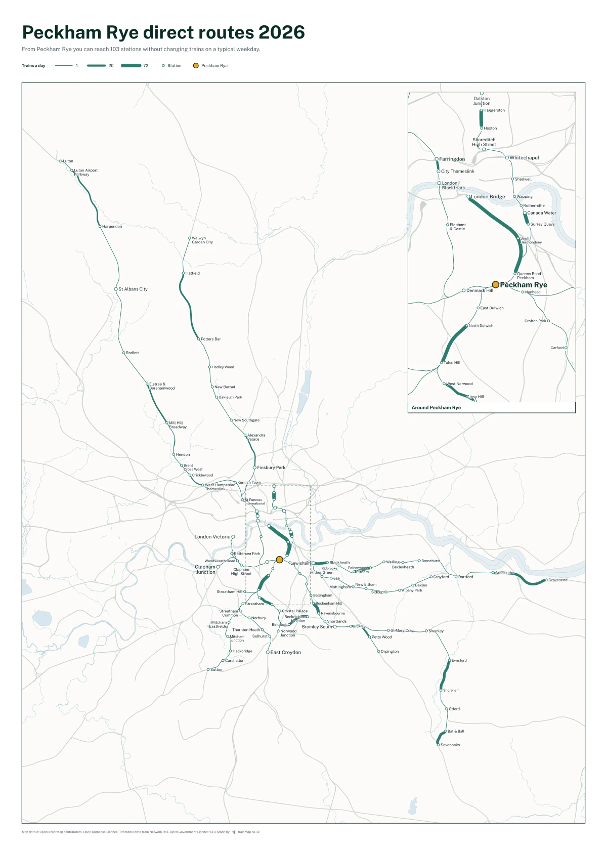 Peckham Rye direct routes 2026: a map of every station you can reach from Peckham Rye without changing trains, the lines thicker where more trains run