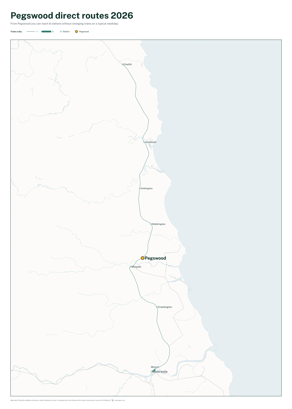 Pegswood direct routes 2026: a map of every station you can reach from Pegswood without changing trains, the lines thicker where more trains run