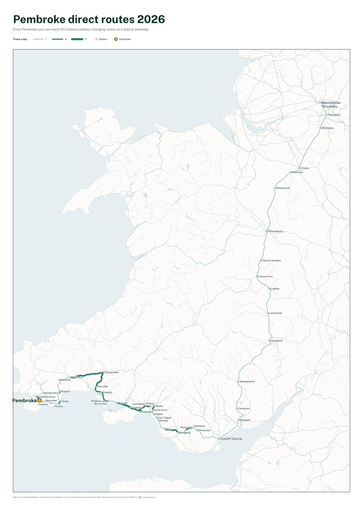 Pembroke direct routes 2026: a map of every station you can reach from Pembroke without changing trains, the lines thicker where more trains run