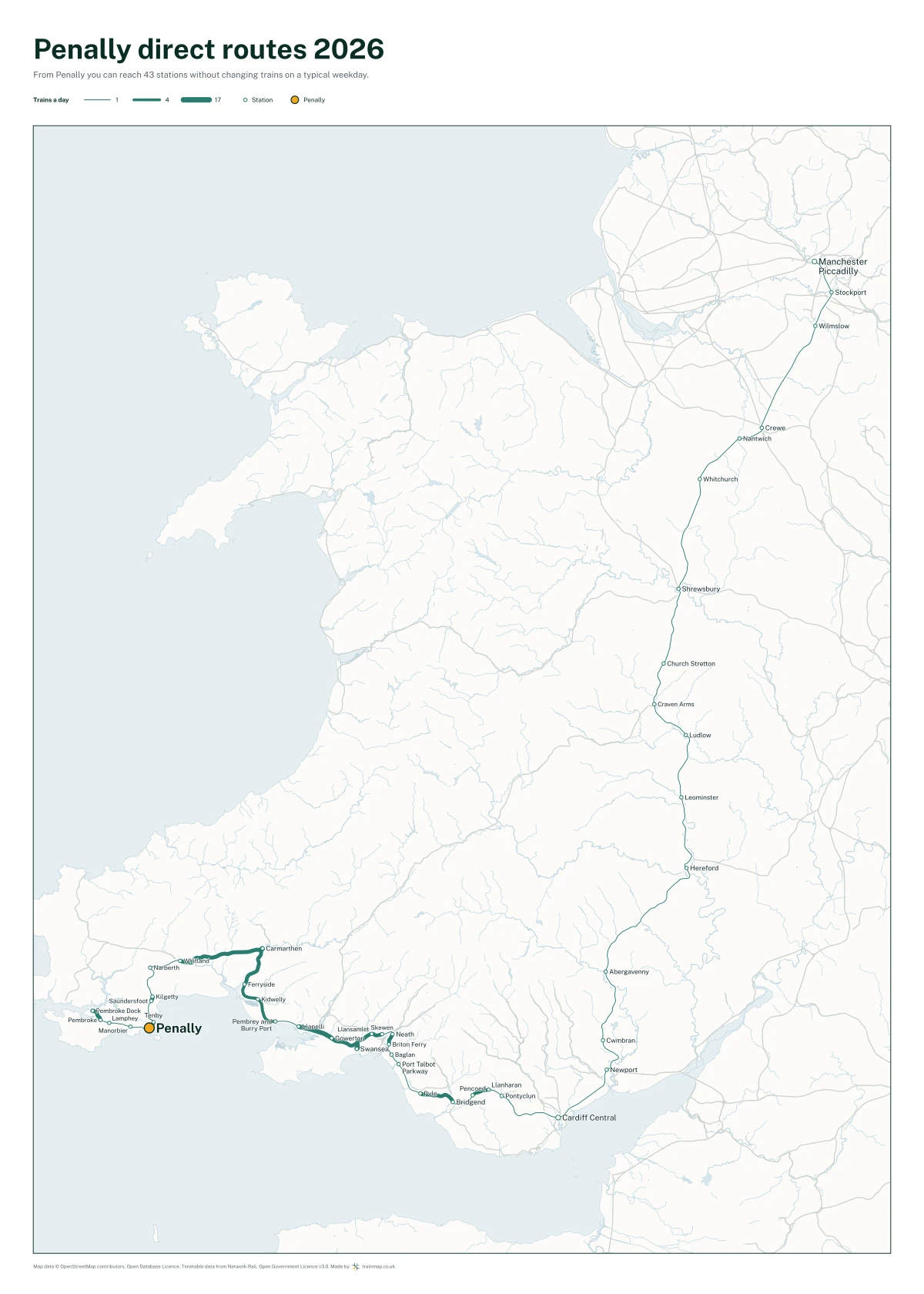 Penally direct routes 2026: a map of every station you can reach from Penally without changing trains, the lines thicker where more trains run