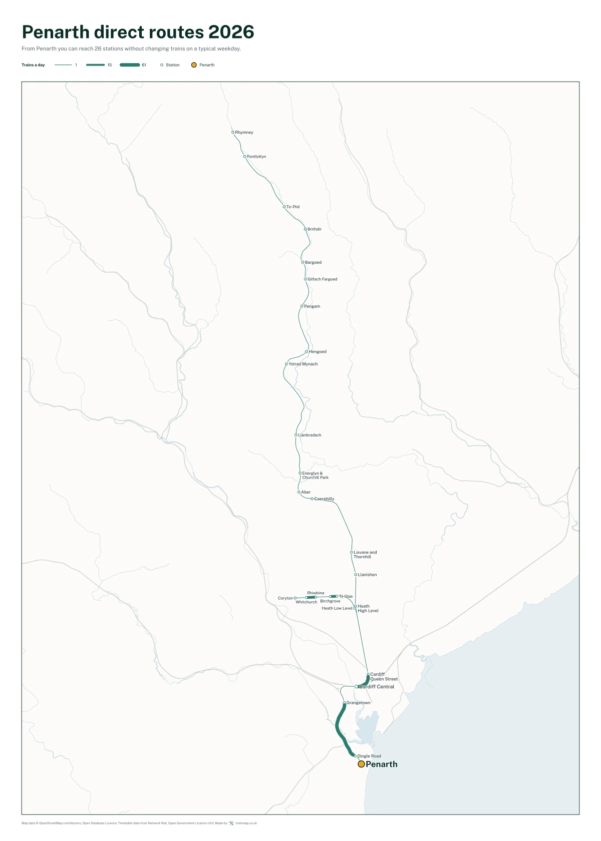 Penarth direct routes 2026: a map of every station you can reach from Penarth without changing trains, the lines thicker where more trains run