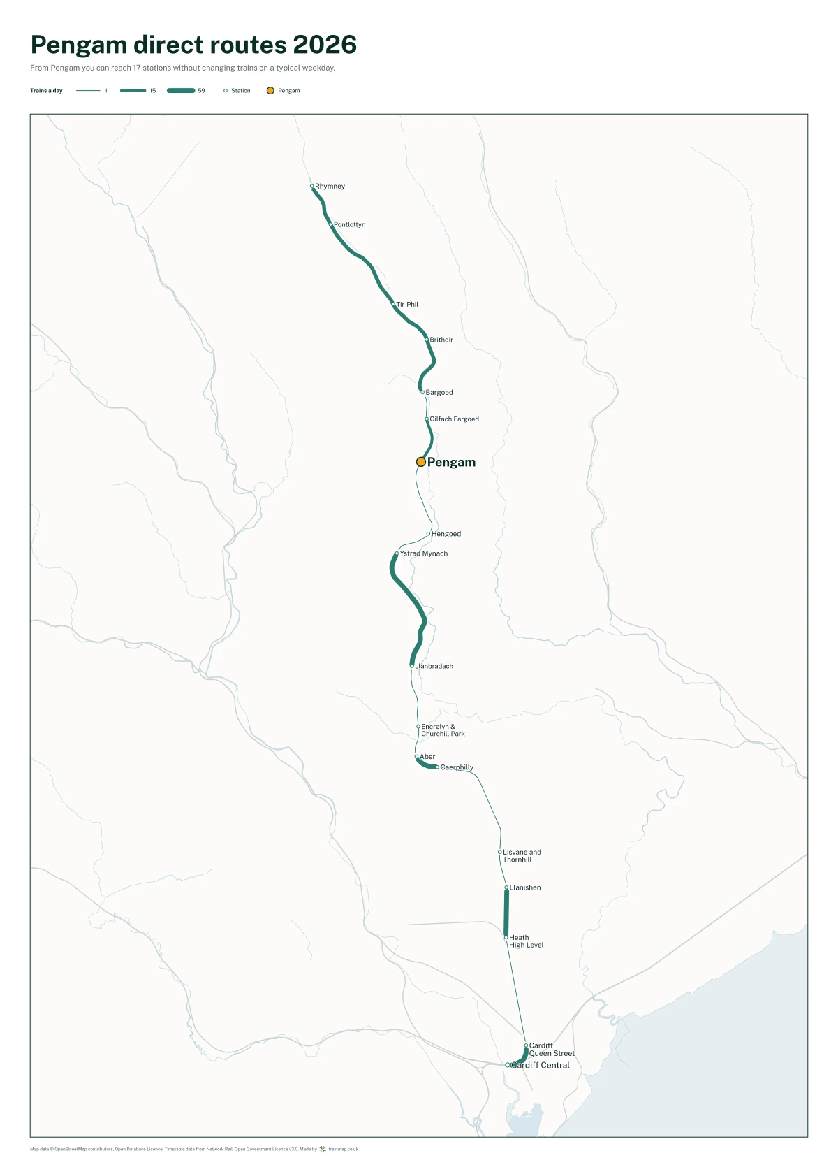 Pengam direct routes 2026: a map of every station you can reach from Pengam without changing trains, the lines thicker where more trains run