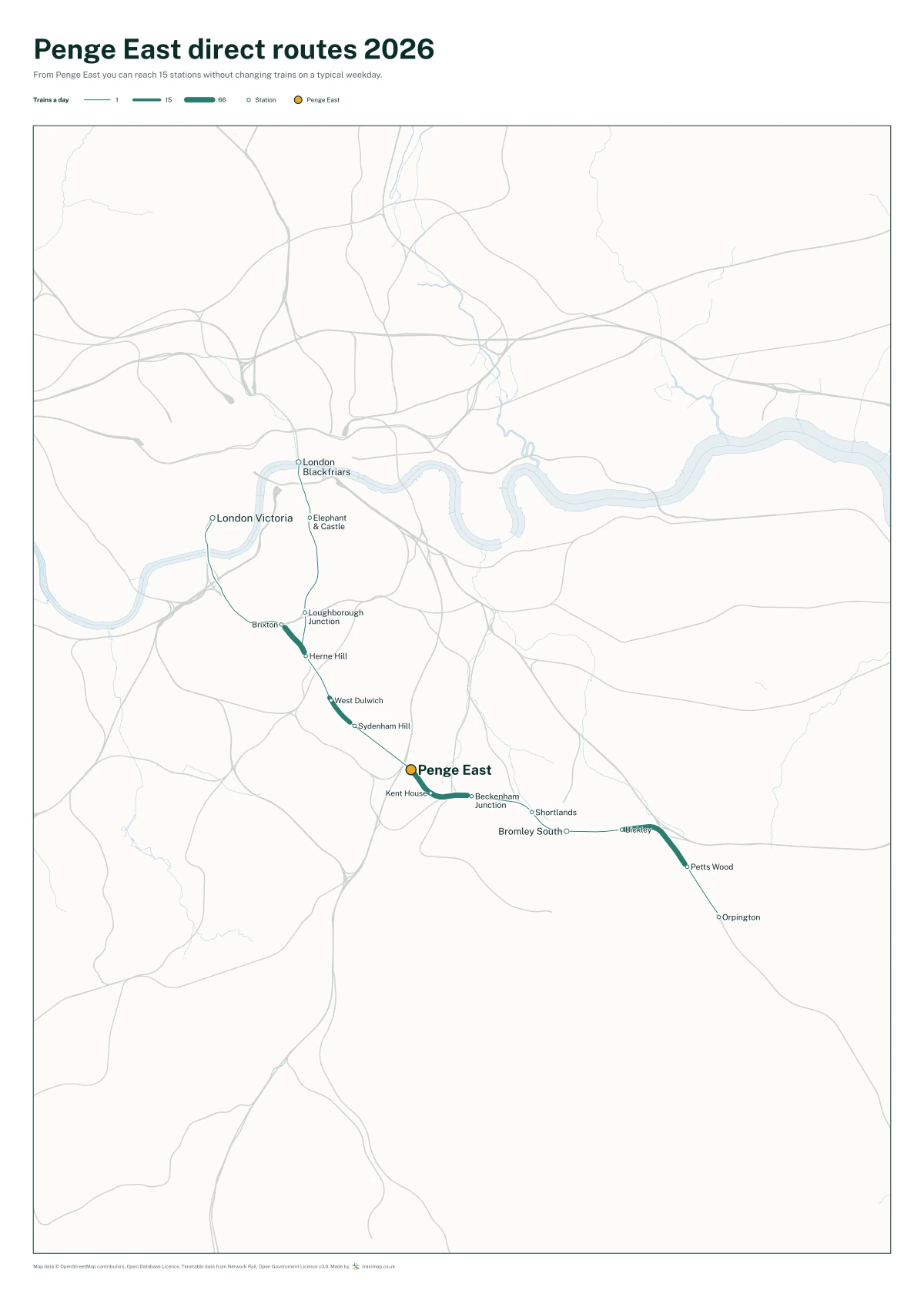 Penge East direct routes 2026: a map of every station you can reach from Penge East without changing trains, the lines thicker where more trains run