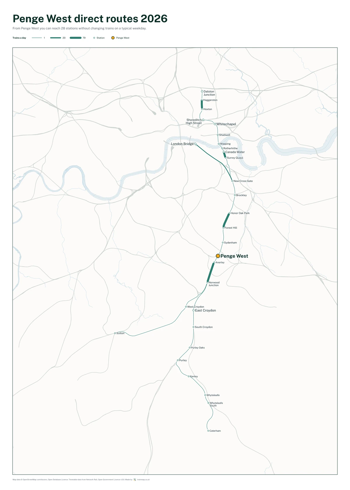 Penge West direct routes 2026: a map of every station you can reach from Penge West without changing trains, the lines thicker where more trains run