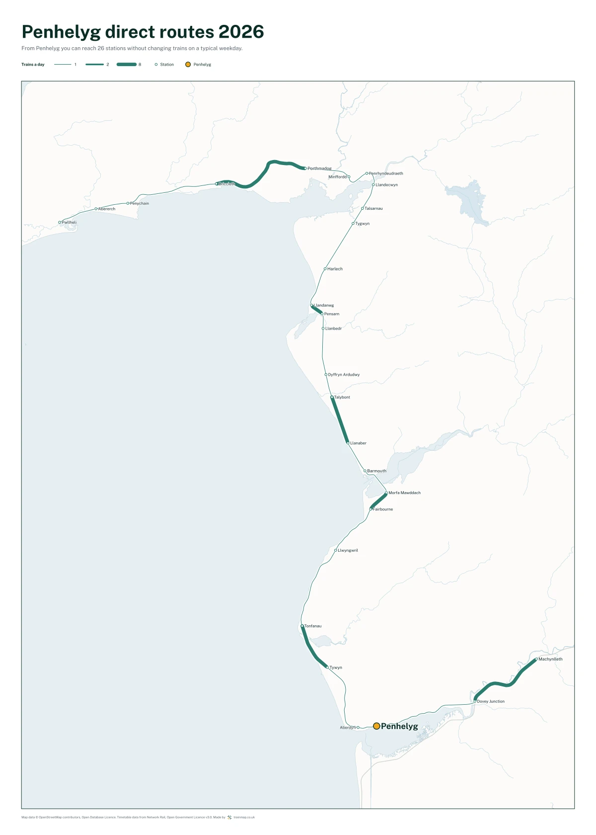 Penhelyg direct routes 2026: a map of every station you can reach from Penhelyg without changing trains, the lines thicker where more trains run
