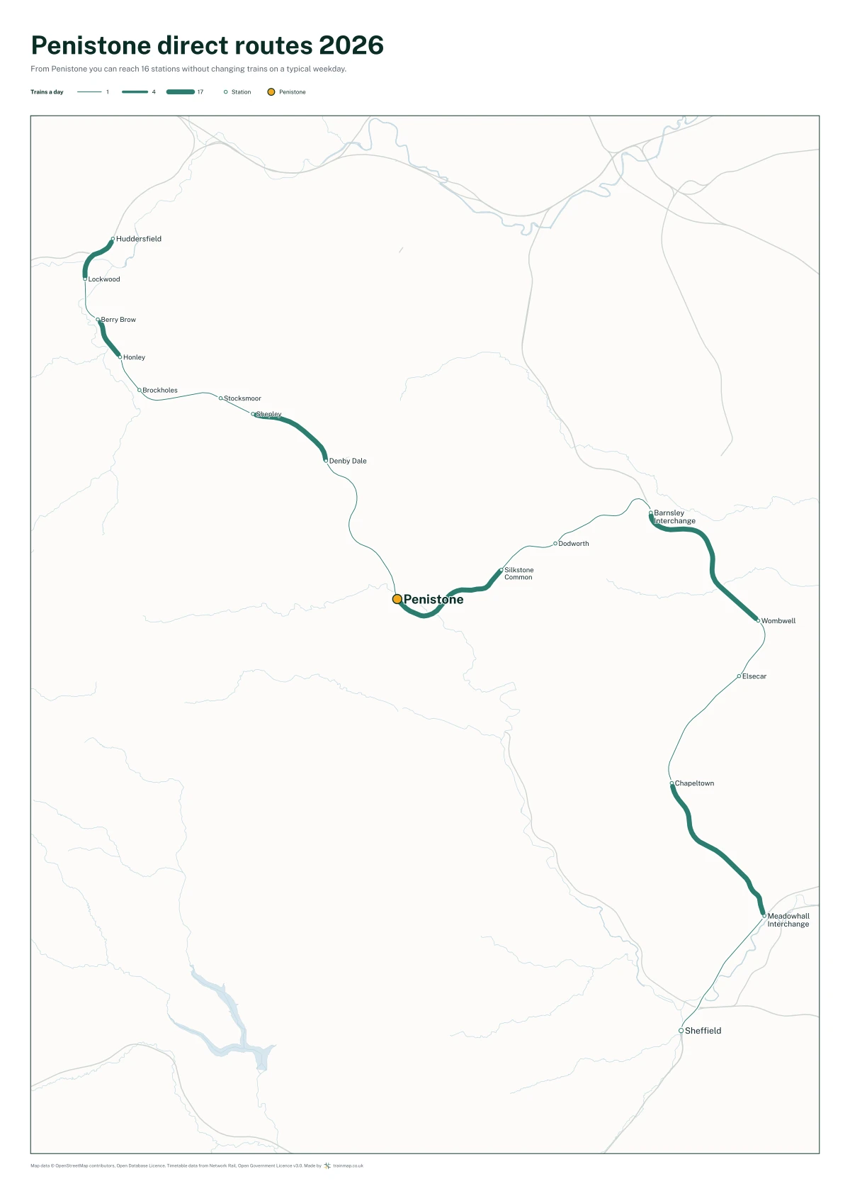 Penistone direct routes 2026: a map of every station you can reach from Penistone without changing trains, the lines thicker where more trains run