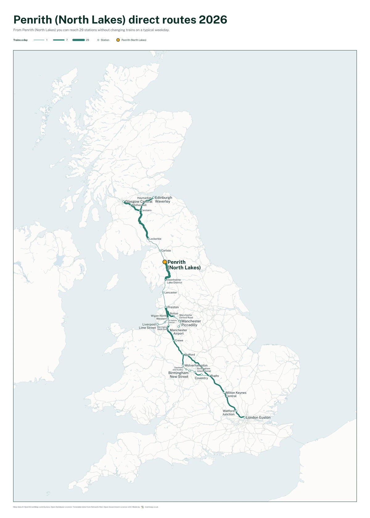 Penrith (North Lakes) direct routes 2026: a map of every station you can reach from Penrith (North Lakes) without changing trains, the lines thicker where more trains run