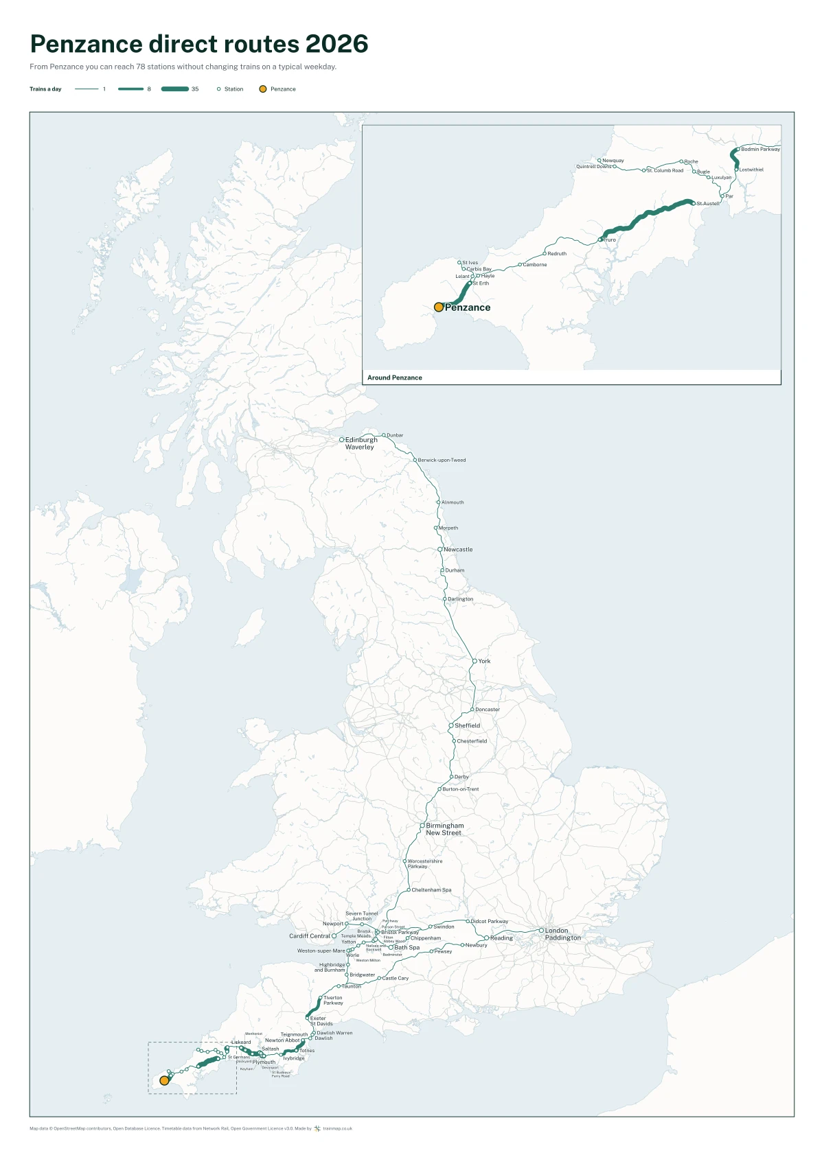 Penzance direct routes 2026: a map of every station you can reach from Penzance without changing trains, the lines thicker where more trains run