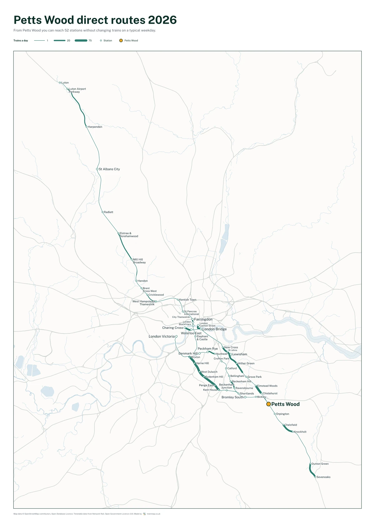 Petts Wood direct routes 2026: a map of every station you can reach from Petts Wood without changing trains, the lines thicker where more trains run