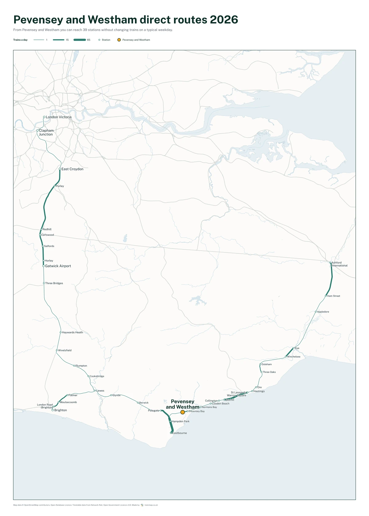 Pevensey and Westham direct routes 2026: a map of every station you can reach from Pevensey and Westham without changing trains, the lines thicker where more trains run