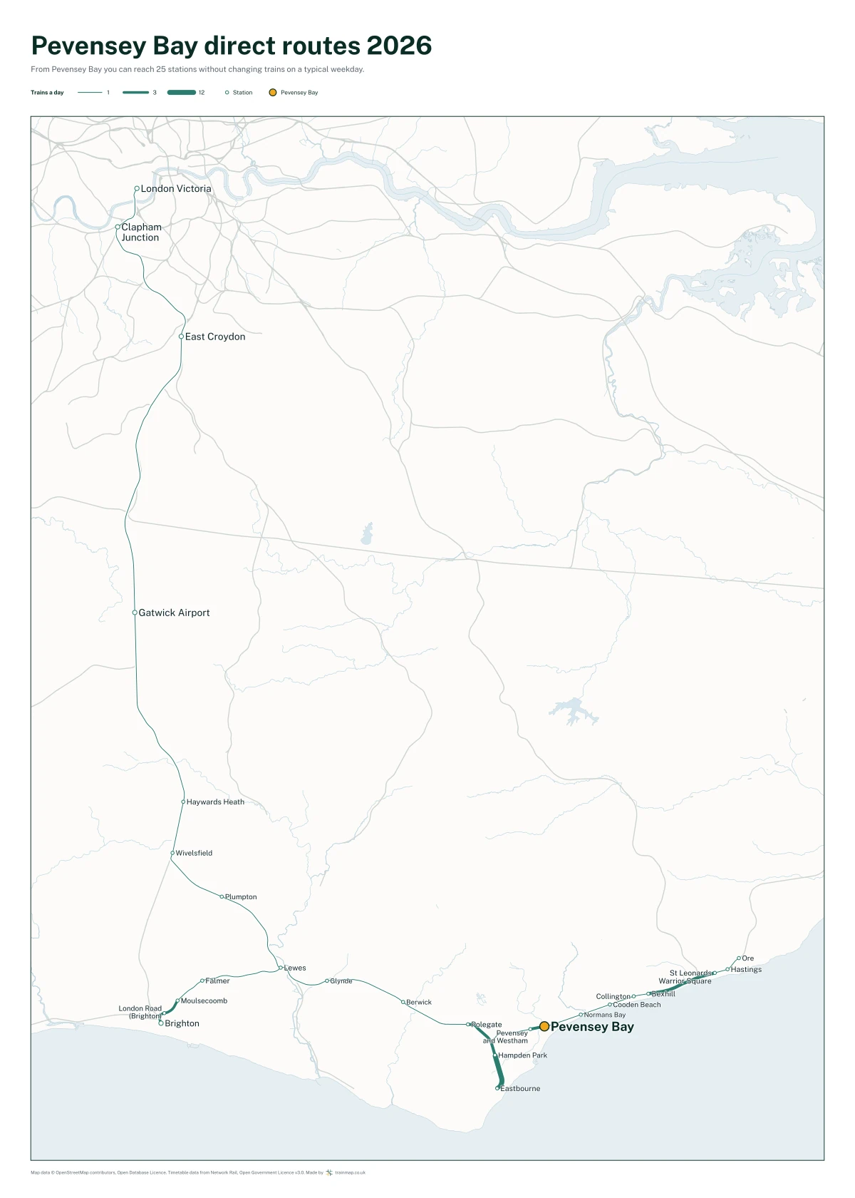 Pevensey Bay direct routes 2026: a map of every station you can reach from Pevensey Bay without changing trains, the lines thicker where more trains run