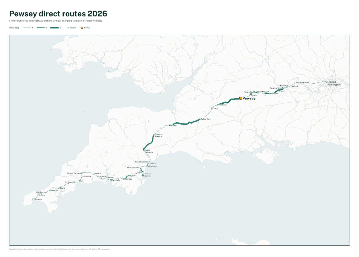 Pewsey direct routes 2026: a map of every station you can reach from Pewsey without changing trains, the lines thicker where more trains run