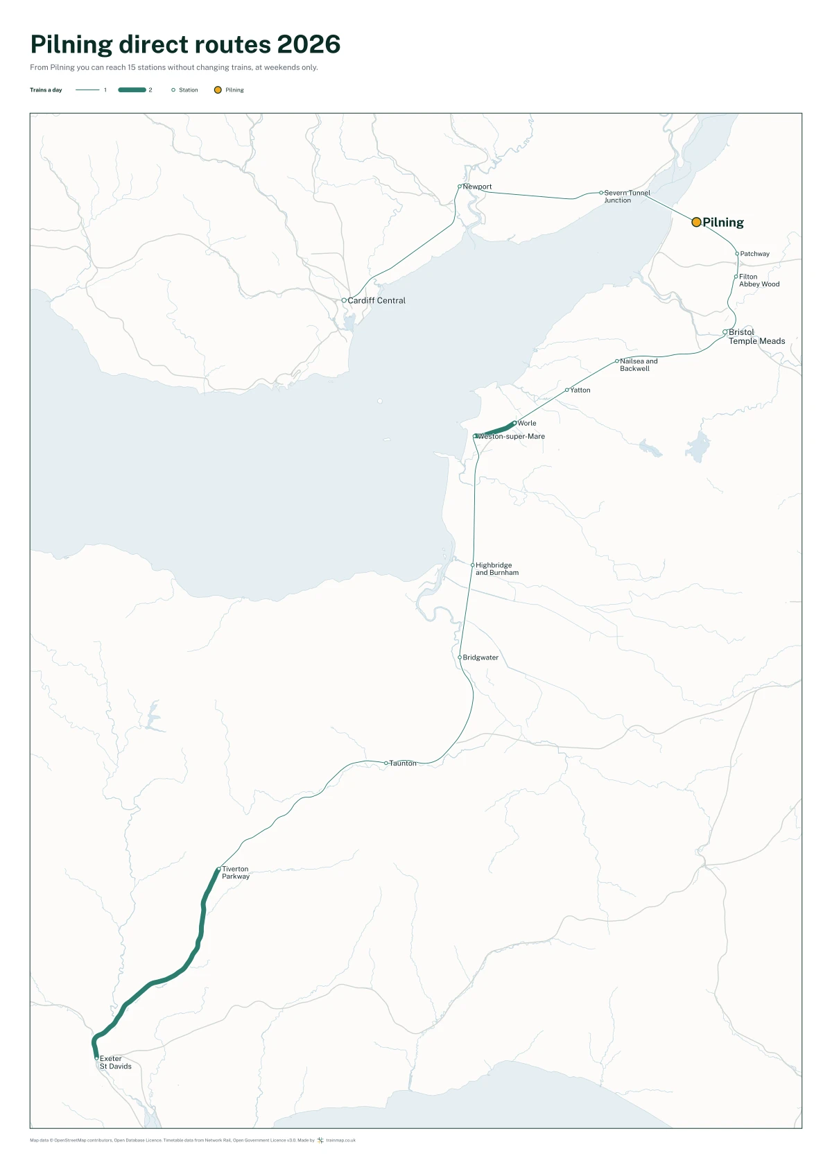 Pilning direct routes 2026: a map of every station you can reach from Pilning without changing trains, the lines thicker where more trains run