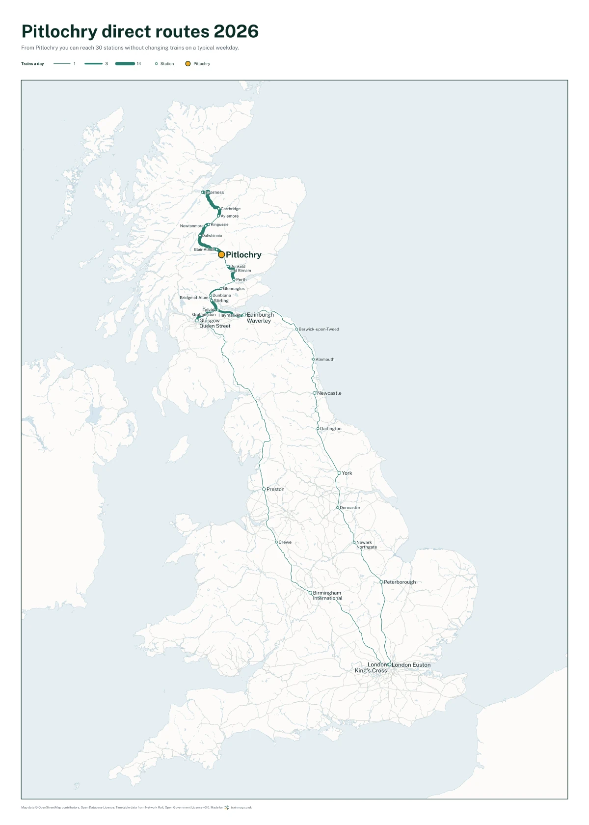 Pitlochry direct routes 2026: a map of every station you can reach from Pitlochry without changing trains, the lines thicker where more trains run