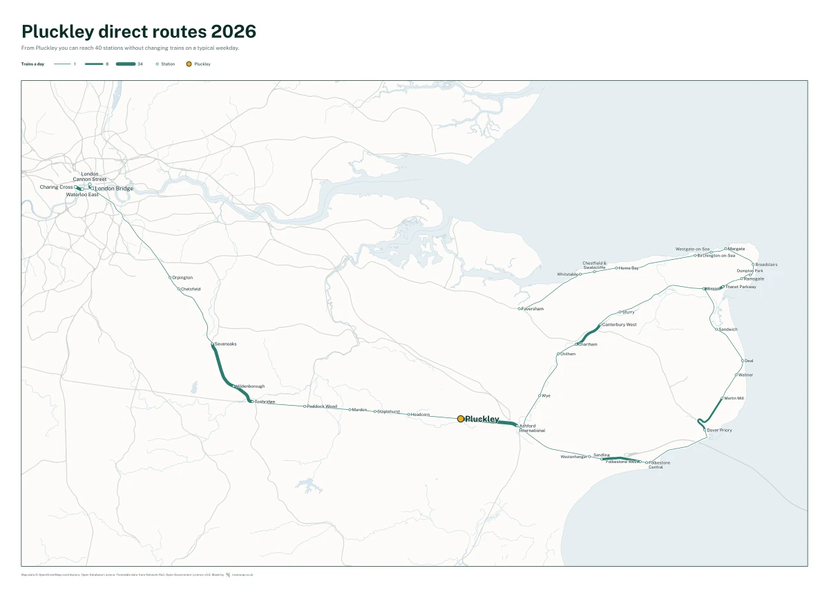 Pluckley direct routes 2026: a map of every station you can reach from Pluckley without changing trains, the lines thicker where more trains run