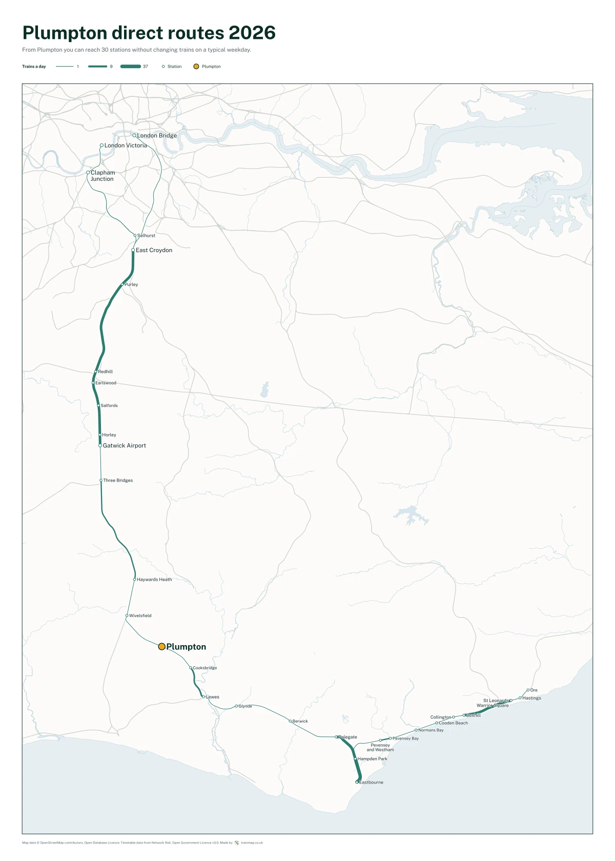 Plumpton direct routes 2026: a map of every station you can reach from Plumpton without changing trains, the lines thicker where more trains run