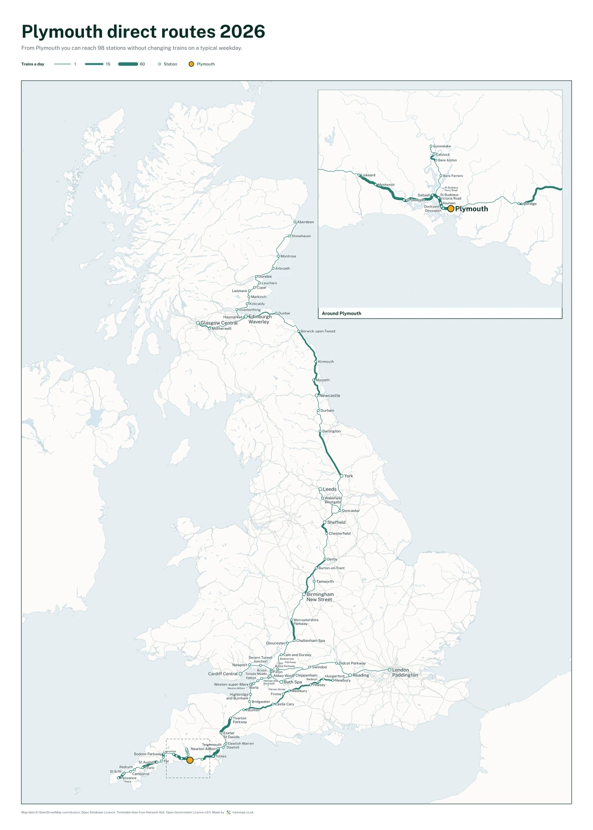 Plymouth direct routes 2026: a map of every station you can reach from Plymouth without changing trains, the lines thicker where more trains run