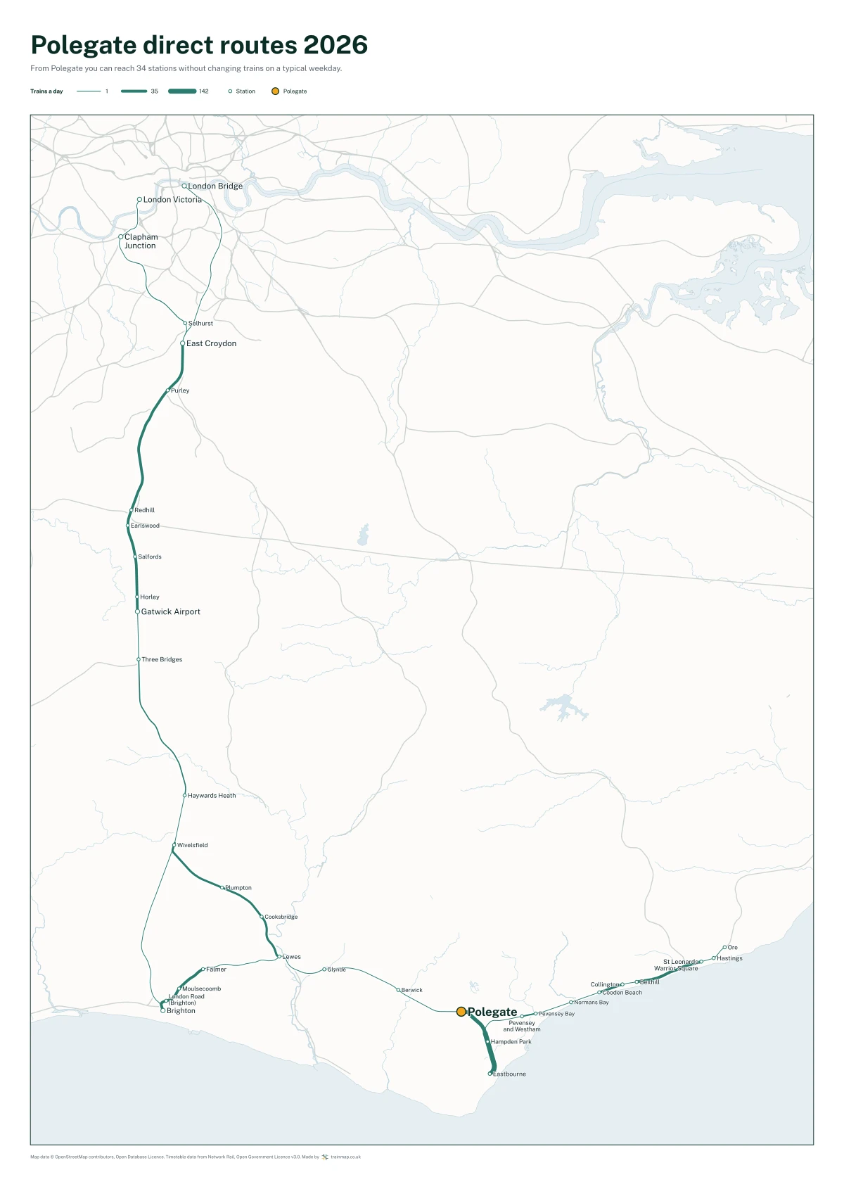 Polegate direct routes 2026: a map of every station you can reach from Polegate without changing trains, the lines thicker where more trains run