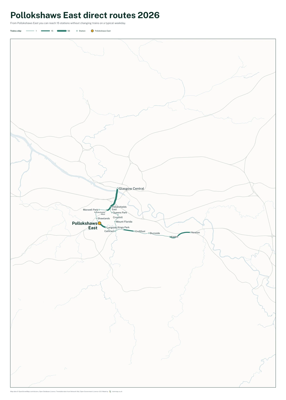 Pollokshaws East direct routes 2026: a map of every station you can reach from Pollokshaws East without changing trains, the lines thicker where more trains run