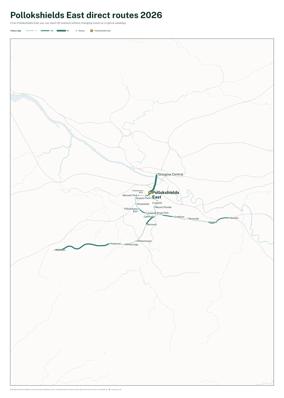 Pollokshields East direct routes 2026: a map of every station you can reach from Pollokshields East without changing trains, the lines thicker where more trains run