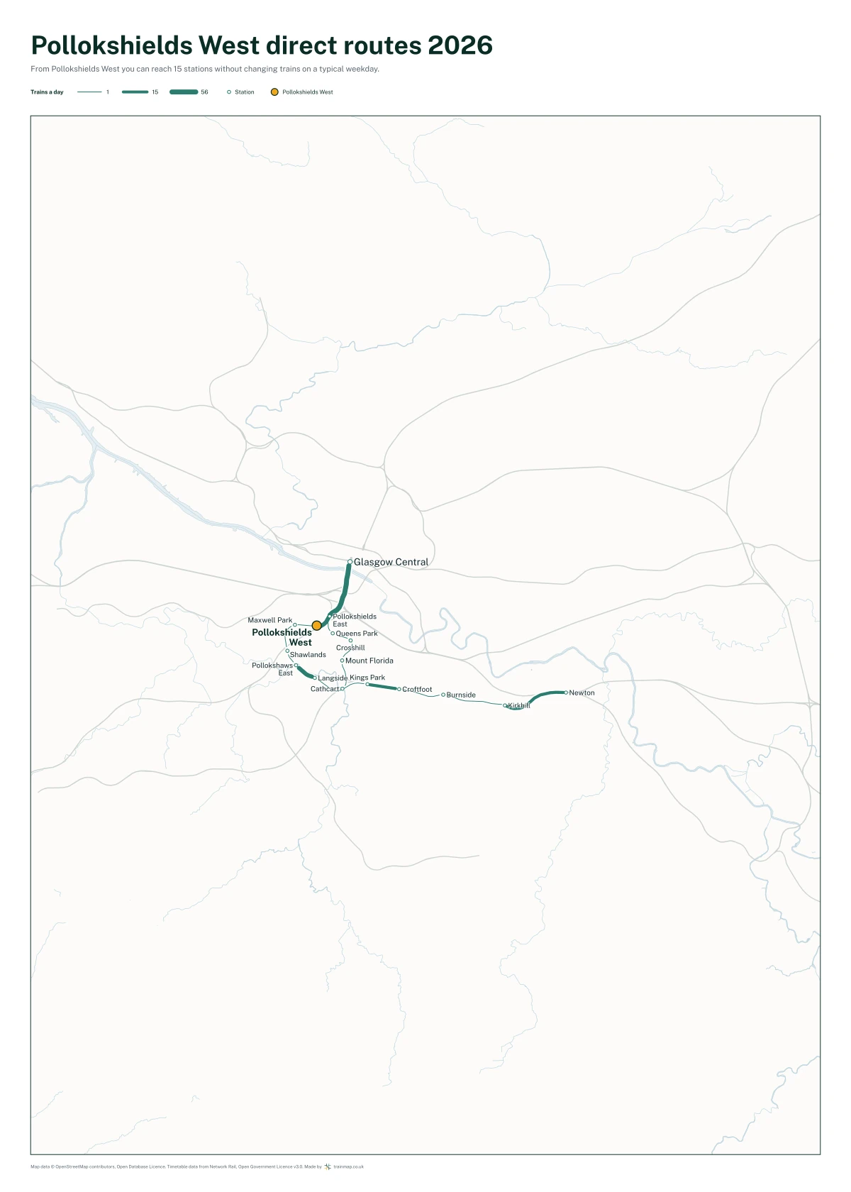 Pollokshields West direct routes 2026: a map of every station you can reach from Pollokshields West without changing trains, the lines thicker where more trains run