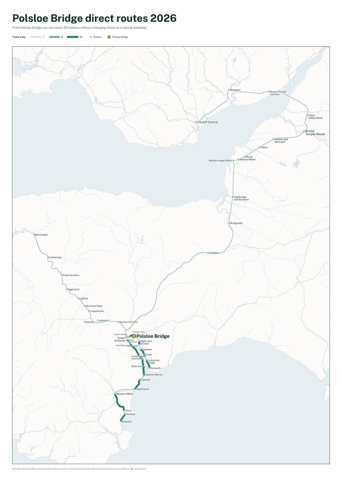 Polsloe Bridge direct routes 2026: a map of every station you can reach from Polsloe Bridge without changing trains, the lines thicker where more trains run