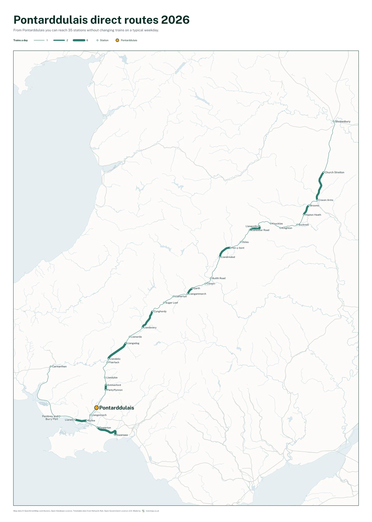 Pontarddulais direct routes 2026: a map of every station you can reach from Pontarddulais without changing trains, the lines thicker where more trains run