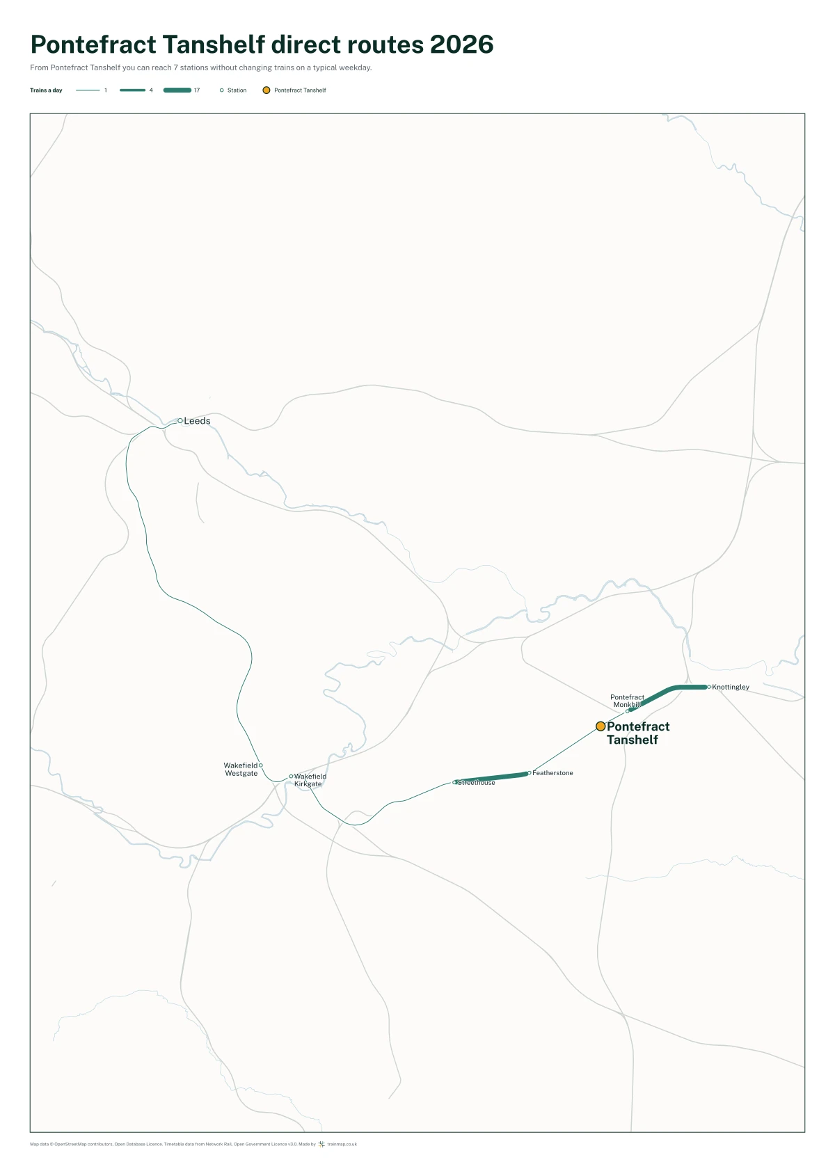 Pontefract Tanshelf direct routes 2026: a map of every station you can reach from Pontefract Tanshelf without changing trains, the lines thicker where more trains run